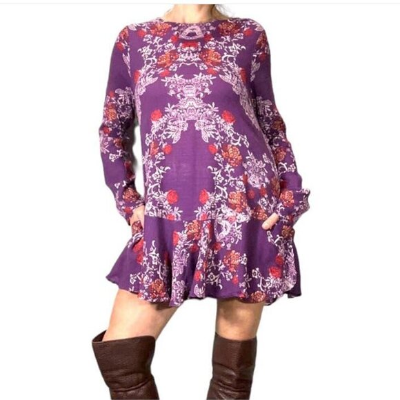 Free People Floral Peplum Ruffled Open Back Mini Dress SMOOTH TALKER FLORAL - Picture 1 of 11